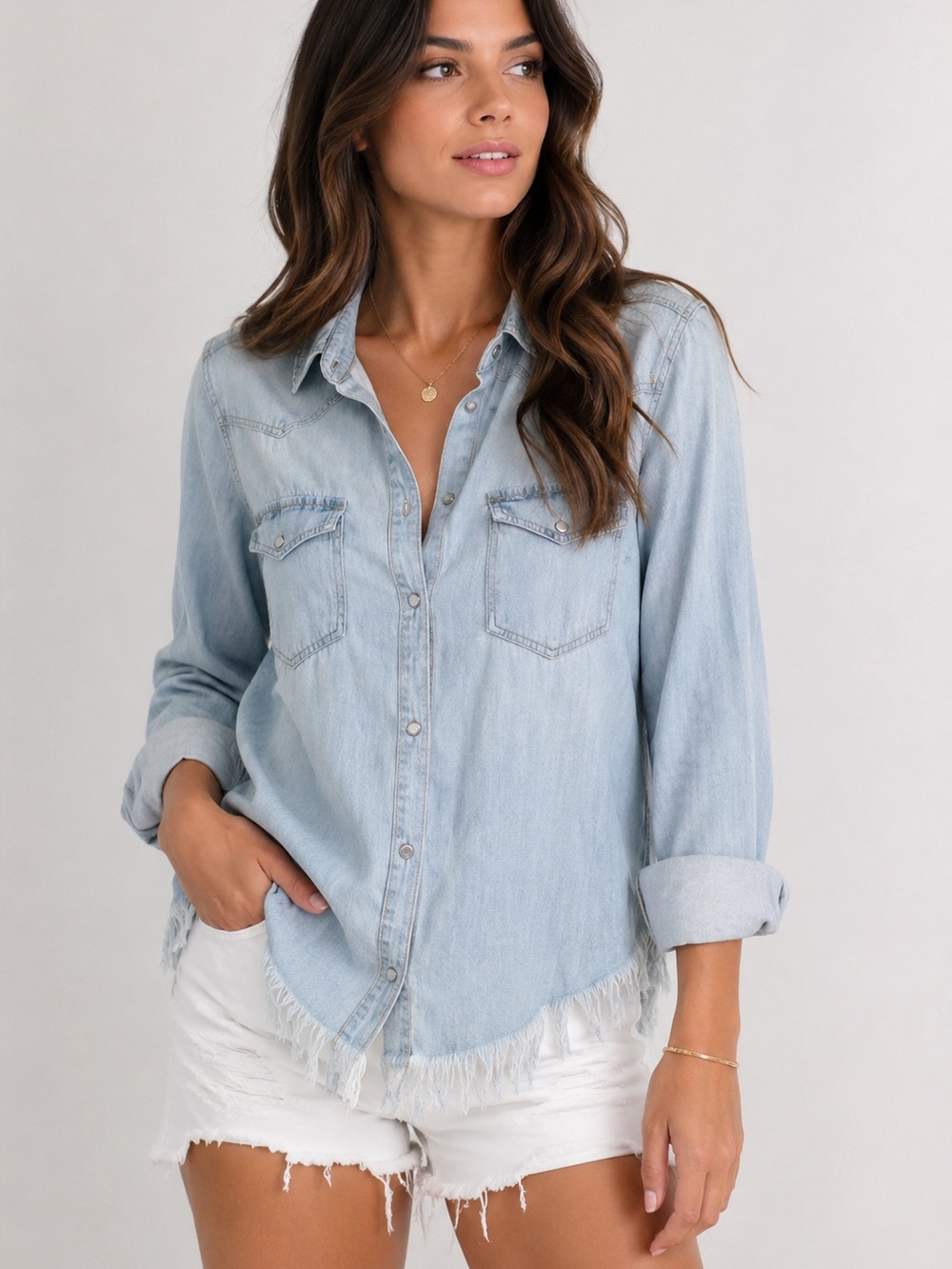 Risen Jean Jacket Distressed Medium Pearl Snaps Sz Medium Boho Western Cowgirl